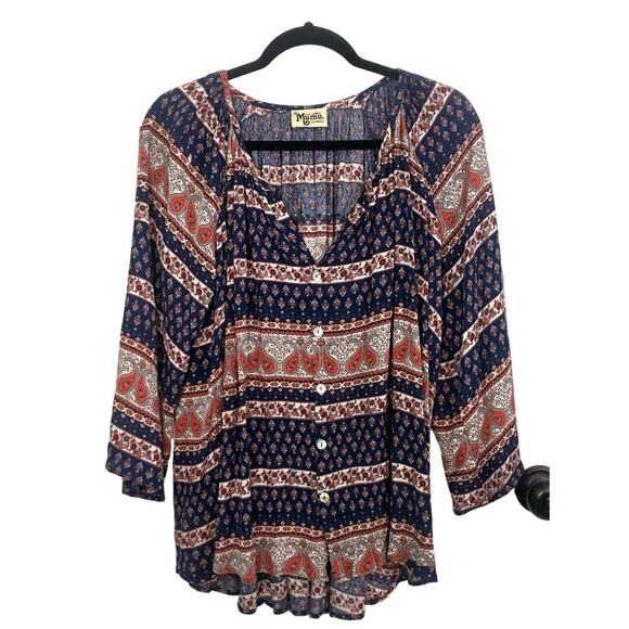 Show Me Your Mumu Bell Sleeve Paisley Boho Button Down Top Blue Red Size XS - Picture 1 of 6